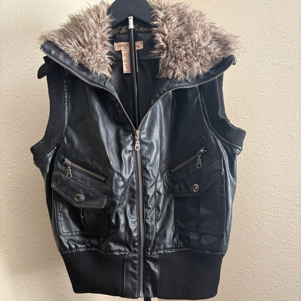 Vintage Y2K Paris Blues Faux Leather Fur Collar Moto Vest Size L